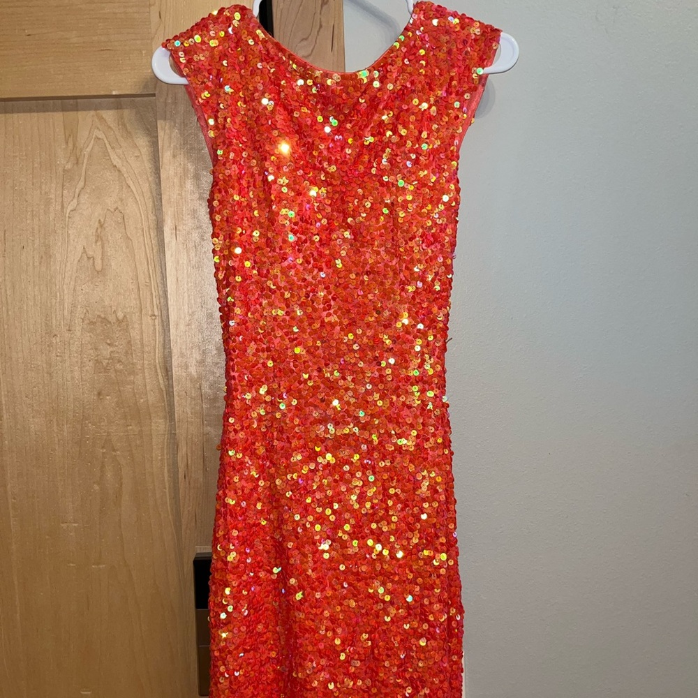 Fire orange Mac Duggal sequin cocktail dress